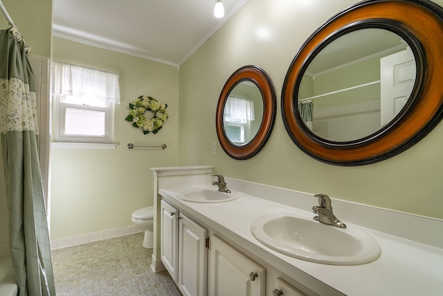 6228 Atkins Dr, Troy, MI 48085 - bathroom with toilet, ornamental molding, tile patterned floors, baseboards, and a shower with shower curtain