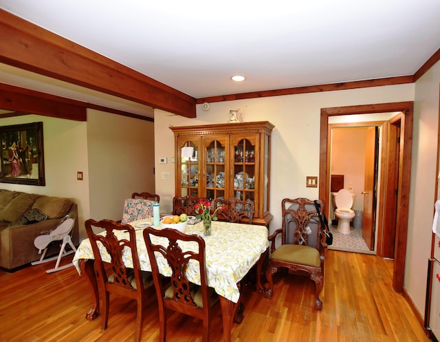 13799 31 Mile Rd, Washington, MI 48095 - dining room with light wood-type flooring, recessed lighting, and beam ceiling