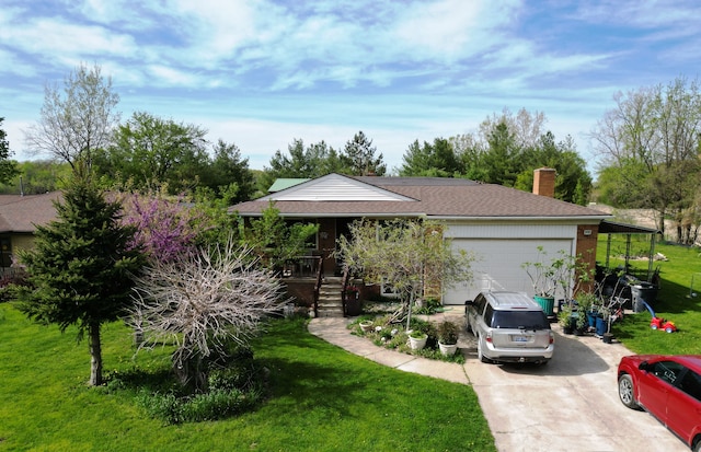 13799 31 Mile Rd, Washington, MI 48095 - ranch-style house with concrete driveway, a front yard, covered porch, an attached garage, and a chimney