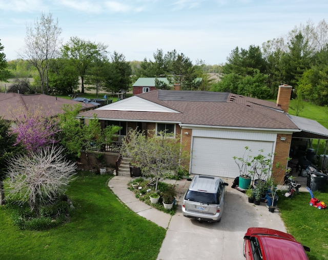 13799 31 Mile Rd, Washington, MI 48095 - single story home featuring concrete driveway, an attached garage, brick siding, a chimney, and a front yard
