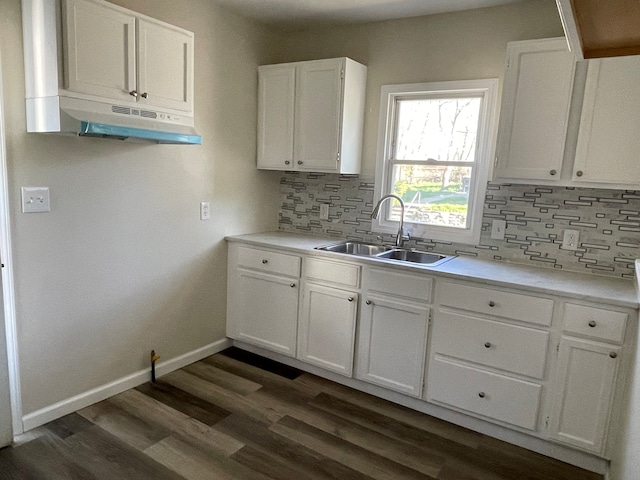 97 N Roselawn St, Pontiac, MI 48342 - kitchen featuring a sink, dark wood finished floors, white cabinetry, decorative backsplash, and under cabinet range hood