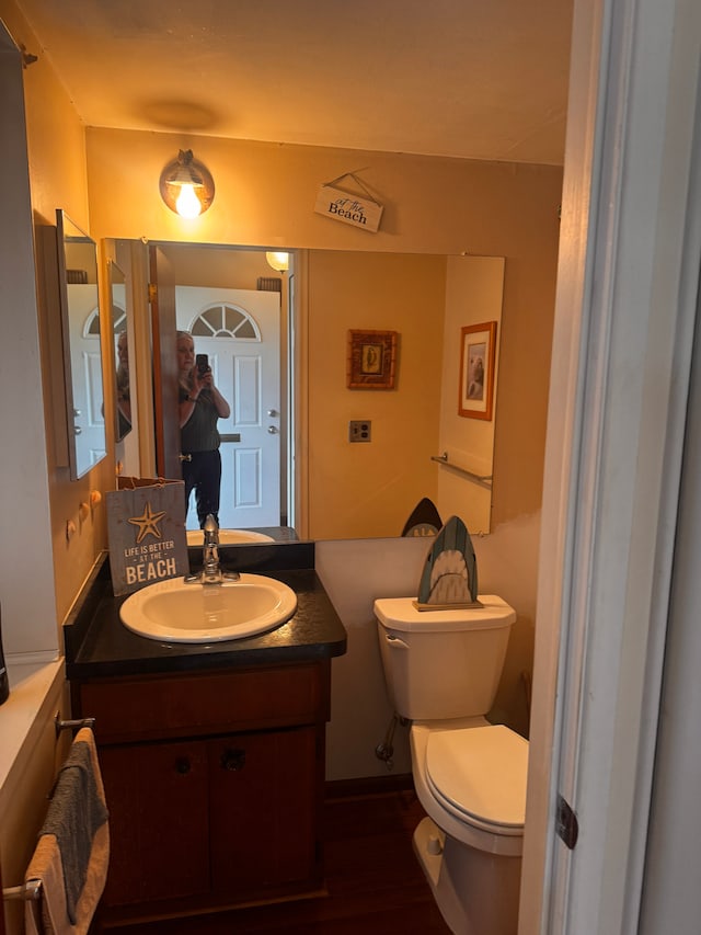 bathroom featuring vanity, wood finished floors, and toilet