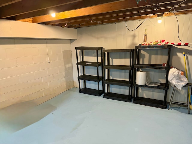 unfinished below grade area featuring concrete block wall