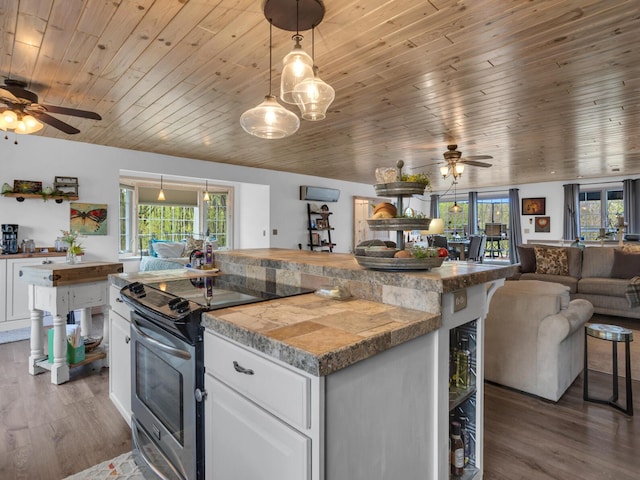 kitchen with open floor plan, electric range, a ceiling fan, and a wealth of natural light