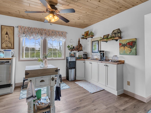 kitchen featuring baseboards, ceiling fan, wood ceiling, and light wood-style flooring