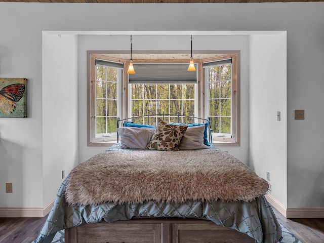 bedroom featuring baseboards, dark wood finished floors, and multiple windows