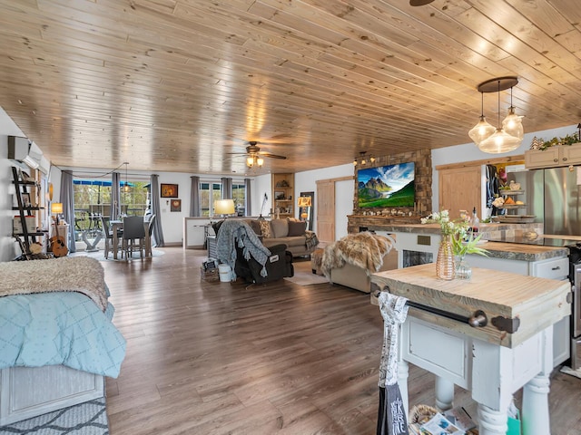 dining area featuring wood ceiling, a ceiling fan, and wood finished floors