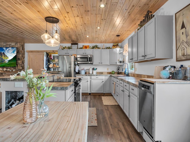 kitchen featuring dark wood-style flooring, recessed lighting, wooden ceiling, a sink, and stainless steel appliances