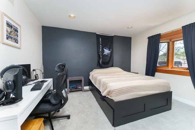 bedroom with light carpet, baseboards, an office area, and recessed lighting
