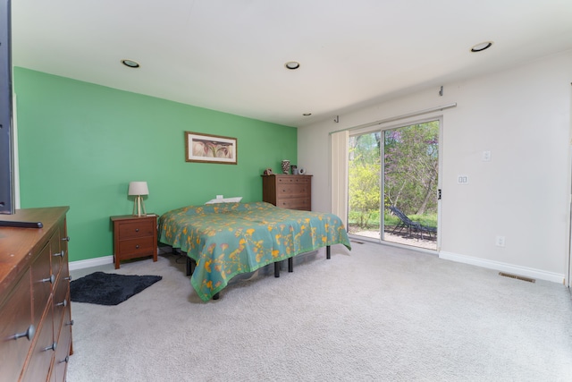 bedroom with baseboards, carpet floors, access to exterior, and recessed lighting
