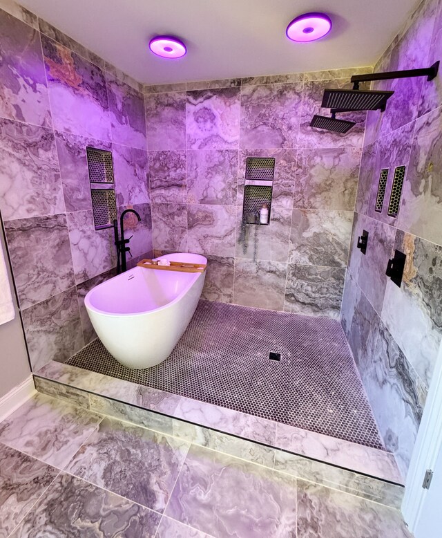 2439 Sheridan St, Detroit, MI 48214 - full bath with a freestanding tub, tile walls, tiled shower, and marble finish floor