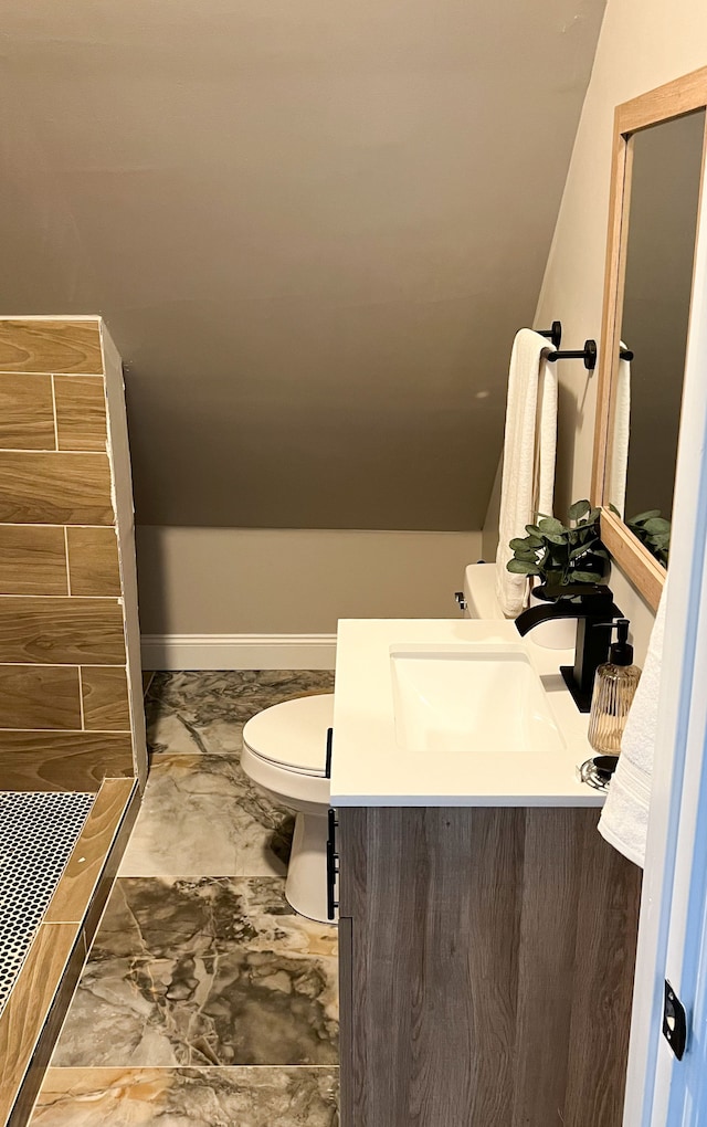 2439 Sheridan St, Detroit, MI 48214 - bathroom featuring vanity, marble finish floor, baseboards, and toilet