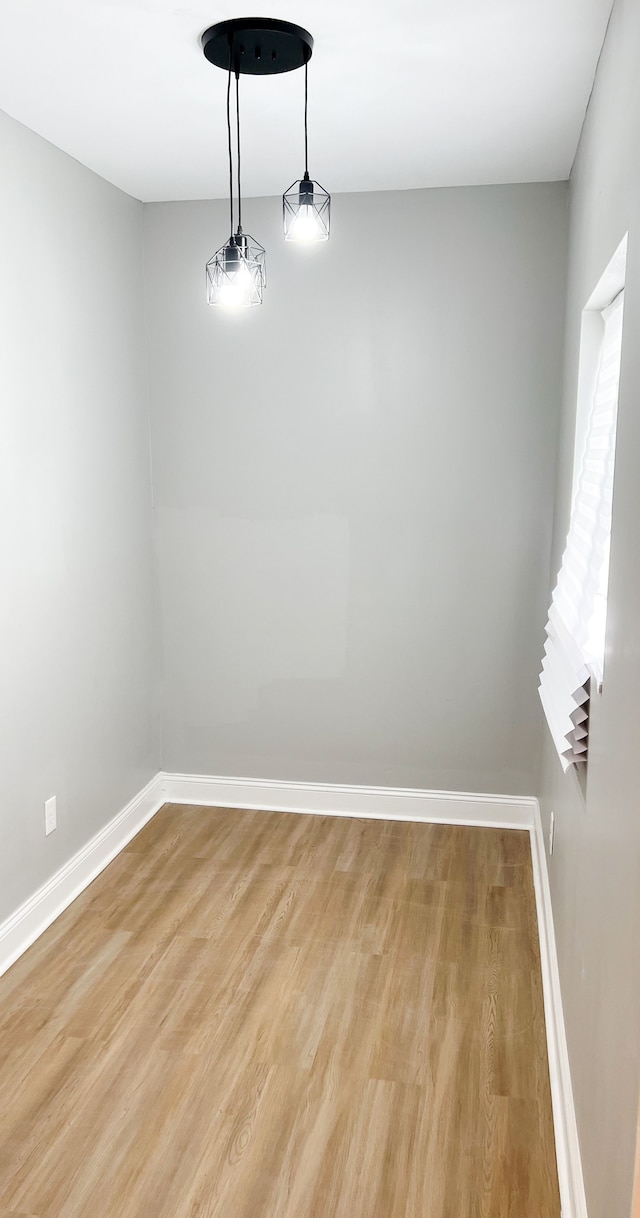 unfurnished dining area featuring baseboards and light wood finished floors