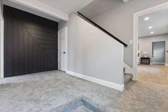 interior space with stairs, recessed lighting, baseboards, and carpet