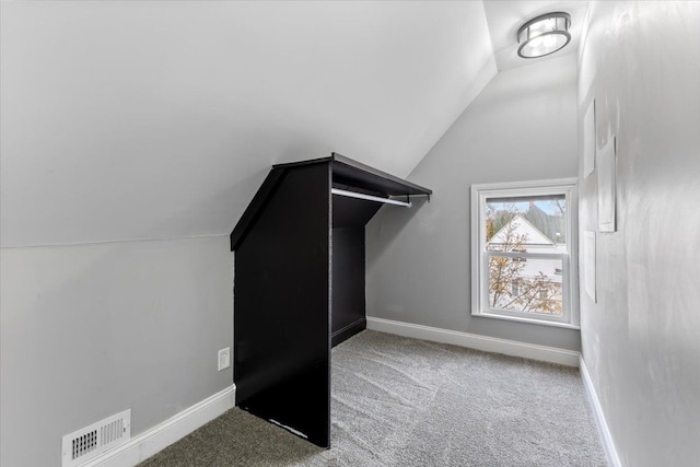 walk in closet with lofted ceiling, carpet flooring, and visible vents