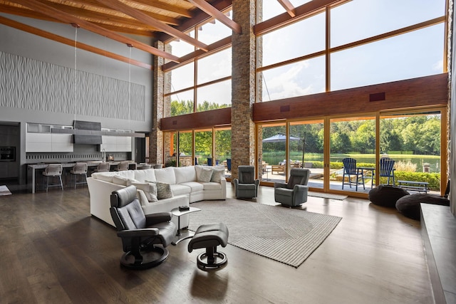 10463 W H Ave, Kalamazoo, MI 49009 - living area featuring plenty of natural light, a high ceiling, beamed ceiling, and wood finished floors