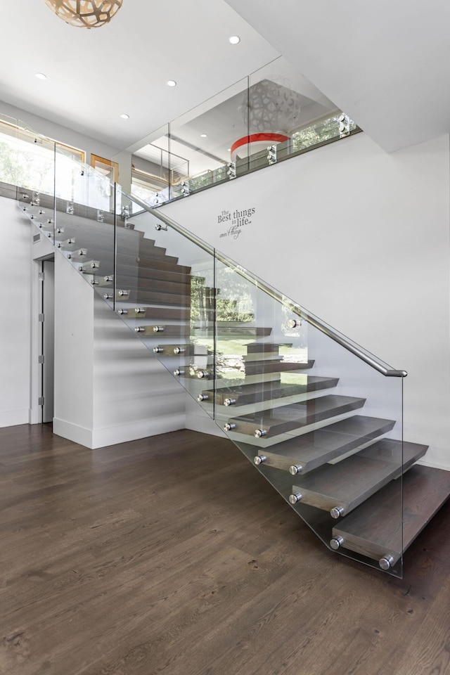 10463 W H Ave, Kalamazoo, MI 49009 - staircase with recessed lighting, baseboards, and wood finished floors