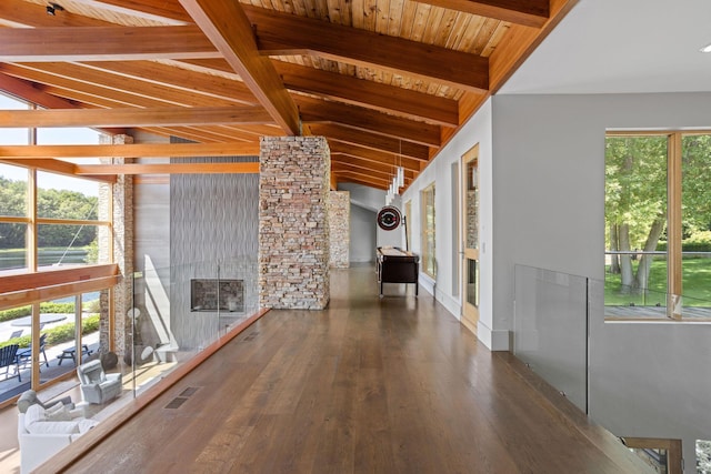 10463 W H Ave, Kalamazoo, MI 49009 - hallway featuring beam ceiling, visible vents, wooden ceiling, and wood finished floors