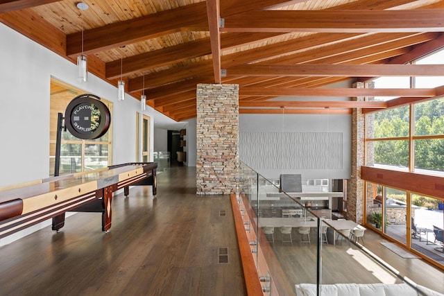 10463 W H Ave, Kalamazoo, MI 49009 - recreation room featuring visible vents, beam ceiling, wood finished floors, ornate columns, and wooden ceiling