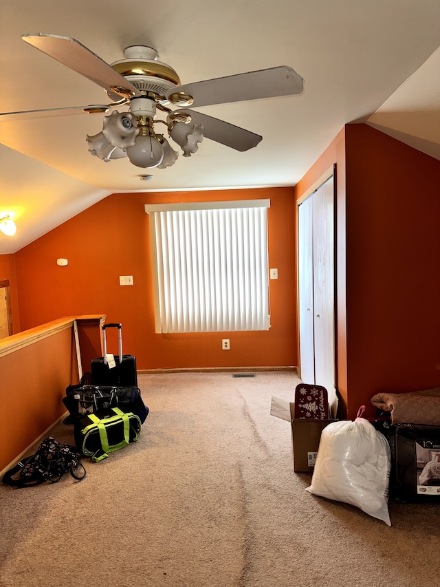 16545 E 8 Mile Rd, Eastpointe, MI 48021 - interior space featuring a ceiling fan, carpet, and lofted ceiling