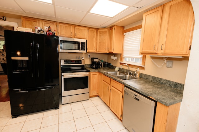 15261 Demean Ave, Allen Park, MI 48101 - kitchen with appliances with stainless steel finishes, a sink, dark countertops, light tile patterned flooring, and a drop ceiling