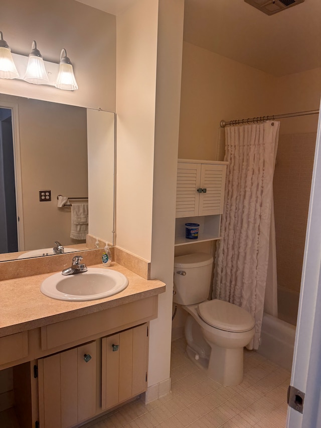 full bath featuring visible vents, vanity, tile patterned floors, toilet, and shower / bathtub combination with curtain