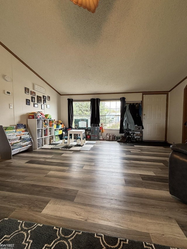 recreation room with crown molding, wood finished floors, a textured ceiling, and lofted ceiling