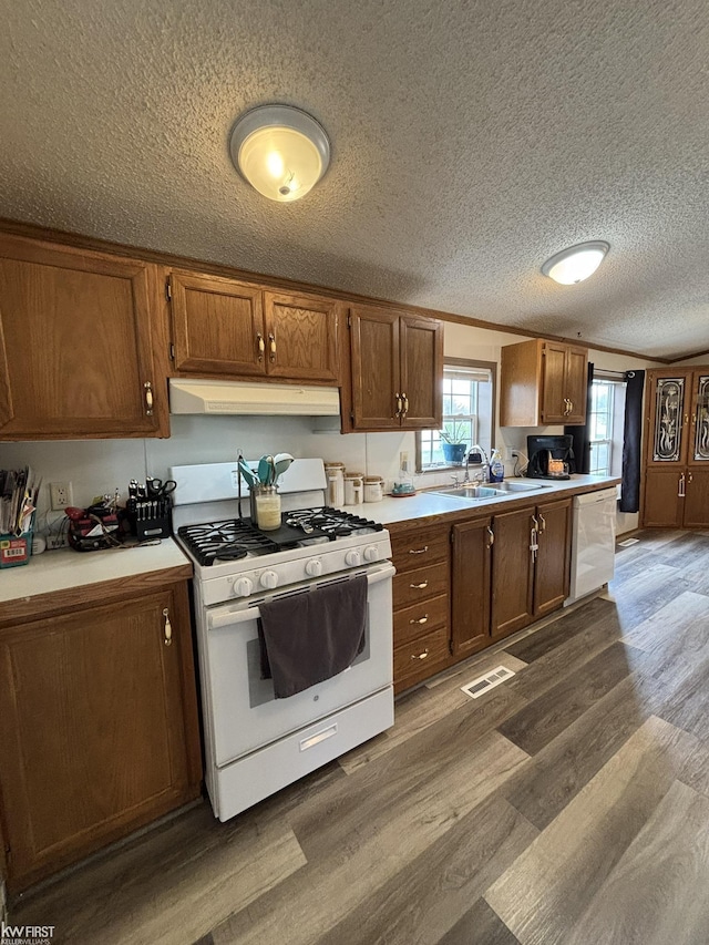 kitchen with white appliances, under cabinet range hood, a sink, and dark wood-type flooring