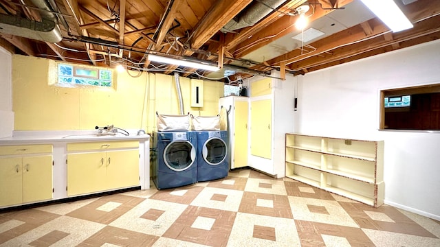 9186 Arnold St, Redford, MI 48239 - laundry room featuring cabinet space, washing machine and clothes dryer, light flooring, and electric panel