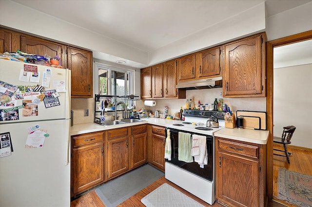 2180 Vernier Rd, Grosse Pointe Woods, MI 48236 - kitchen with freestanding refrigerator, under cabinet range hood, a sink, wood finished floors, and electric range