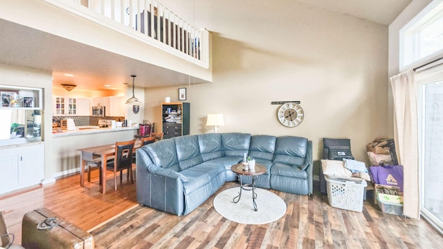 living area featuring a towering ceiling and wood finished floors