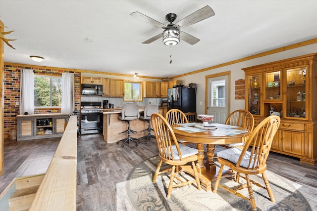 dining area featuring ceiling fan and wood finished floors