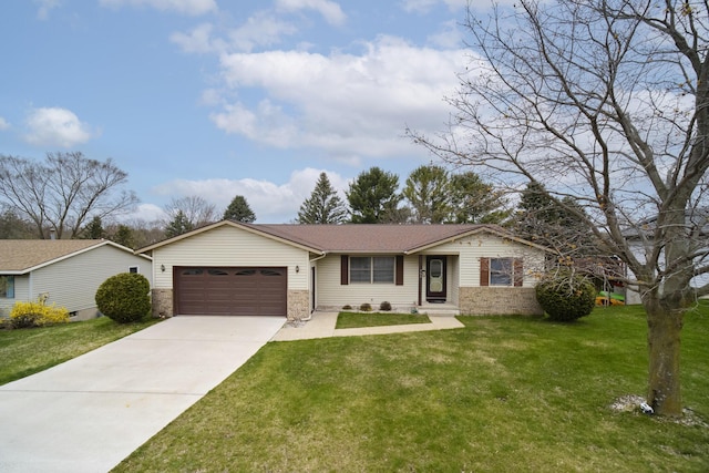 ranch-style house with an attached garage, a front lawn, stone siding, and concrete driveway