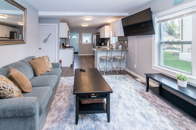 1291 E Lake Dr, Novi, MI 48377 - living area featuring dark wood-style flooring, plenty of natural light, and baseboards