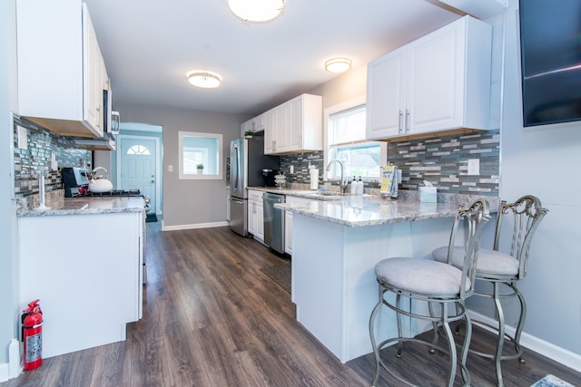 1291 E Lake Dr, Novi, MI 48377 - kitchen with a sink, appliances with stainless steel finishes, a peninsula, tasteful backsplash, and a breakfast bar