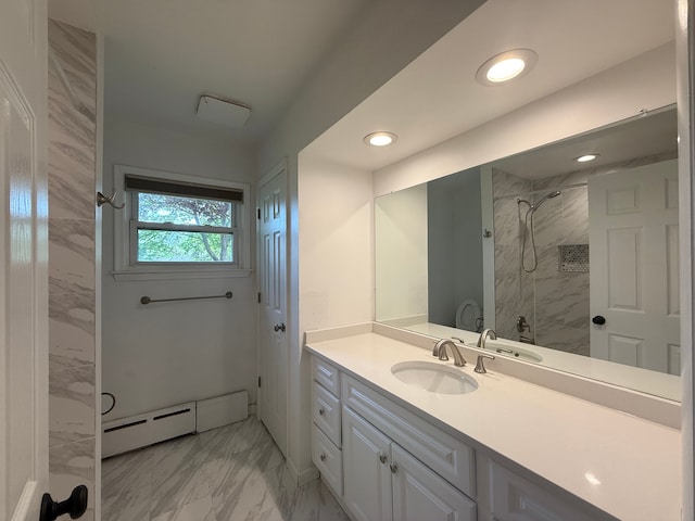 5781 Wright Dr, Troy, MI 48098 - bathroom featuring a tile shower, a baseboard heating unit, marble look tiles, vanity, and recessed lighting