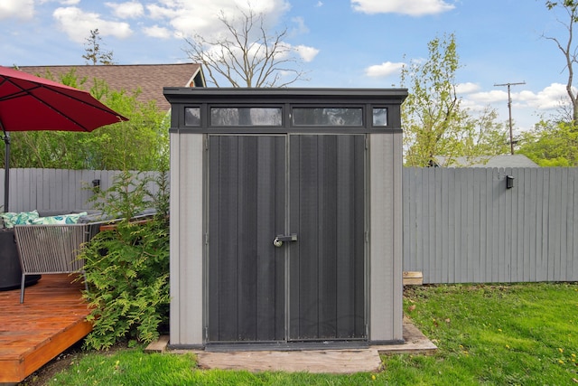 view of shed with a fenced backyard