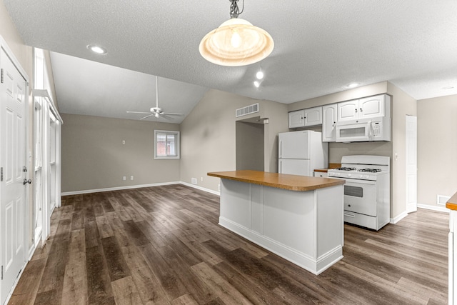 4938 Lincoln Blvd, Dearborn Heights, MI 48125 - kitchen with white appliances, dark wood finished floors, baseboards, a ceiling fan, and a textured ceiling