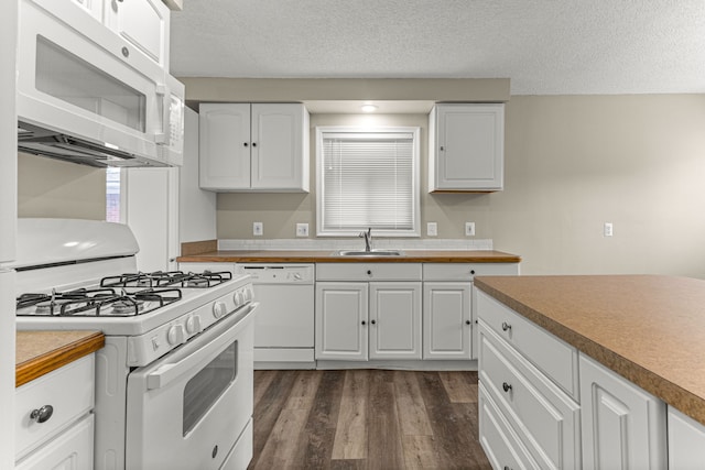 4938 Lincoln Blvd, Dearborn Heights, MI 48125 - kitchen with white appliances, a sink, dark wood finished floors, white cabinets, and a textured ceiling