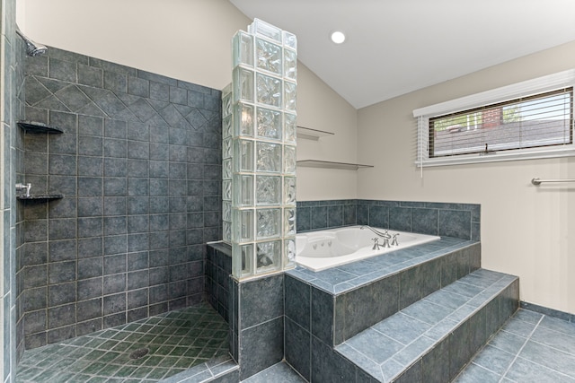 4938 Lincoln Blvd, Dearborn Heights, MI 48125 - bathroom with lofted ceiling, tile patterned floors, a bath, walk in shower, and recessed lighting