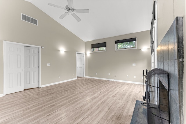 4938 Lincoln Blvd, Dearborn Heights, MI 48125 - unfurnished living room with high vaulted ceiling, ceiling fan, light wood-style flooring, and baseboards