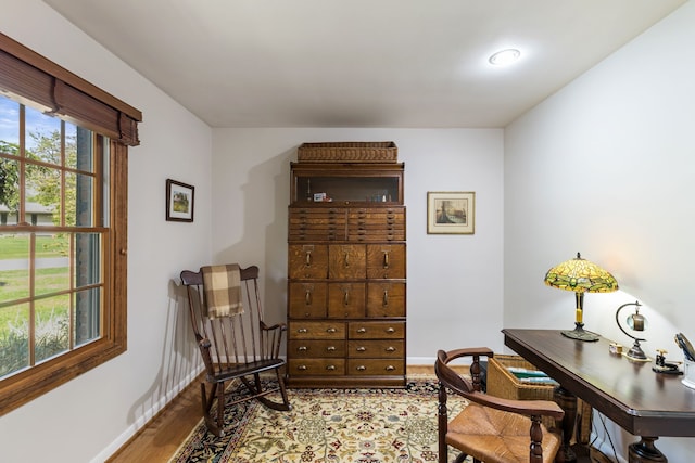 home office with wood finished floors and baseboards