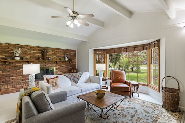 living room with a fireplace, a ceiling fan, and vaulted ceiling with beams