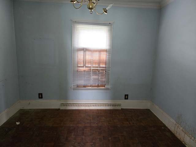 1315 Mitchell St, Jackson, MI 49203 - empty room with crown molding, baseboards, a baseboard radiator, and a chandelier