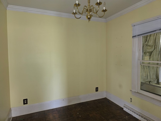 1315 Mitchell St, Jackson, MI 49203 - unfurnished room with baseboards, ornamental molding, a baseboard heating unit, and a chandelier