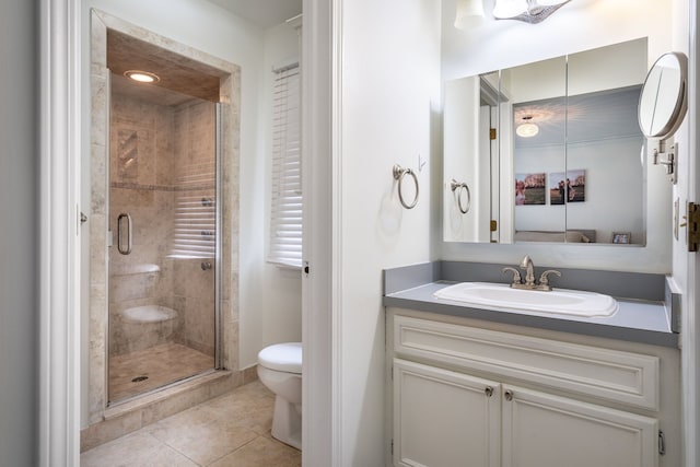 full bath with tile patterned flooring, vanity, toilet, and a shower stall