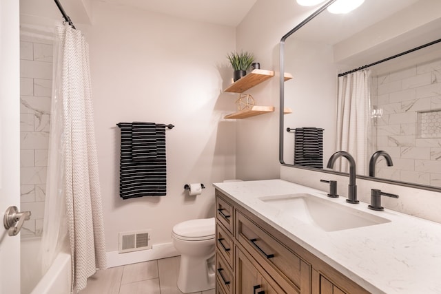 full bathroom with vanity, toilet, baseboards, shower / tub combo, and visible vents