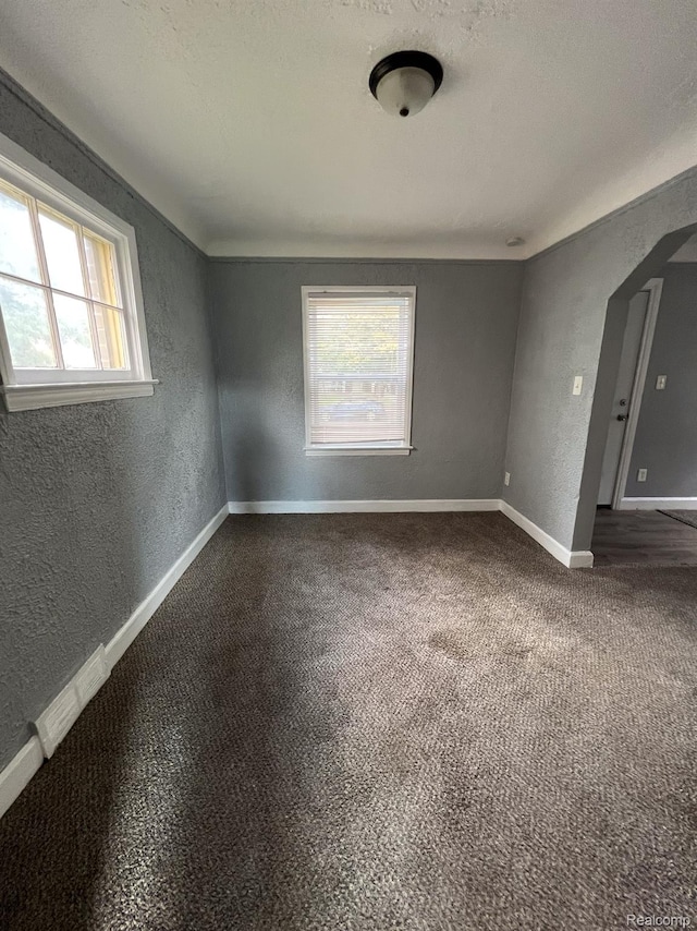16895 Cruse St, Detroit, MI 48235 - empty room featuring a textured wall, baseboards, and dark colored carpet
