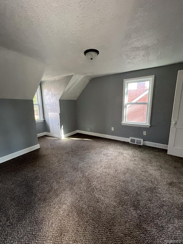 16895 Cruse St, Detroit, MI 48235 - bonus room with a textured ceiling, dark carpet, vaulted ceiling, and baseboards