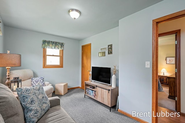 living area featuring carpet floors and baseboards